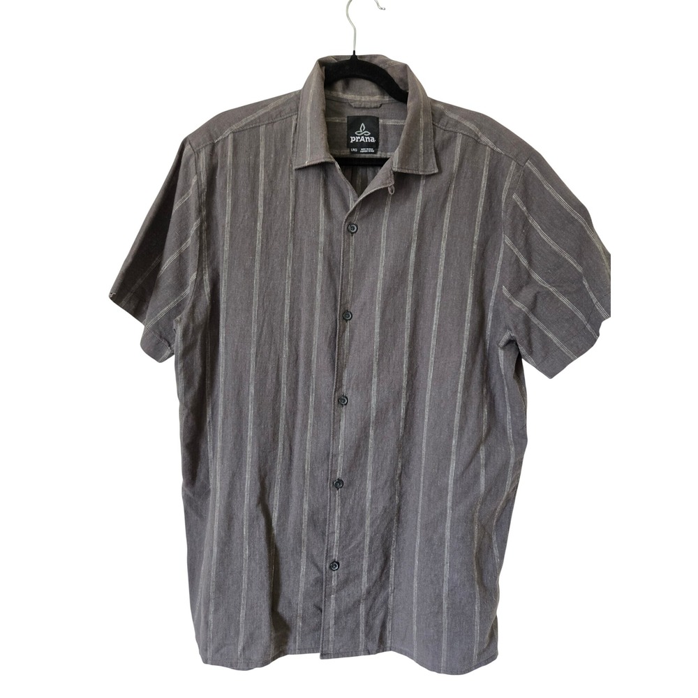 Prana LRG Shirt Mens Gray Pinstripe Hemp Organic Cotton Short Sleeve Button Up